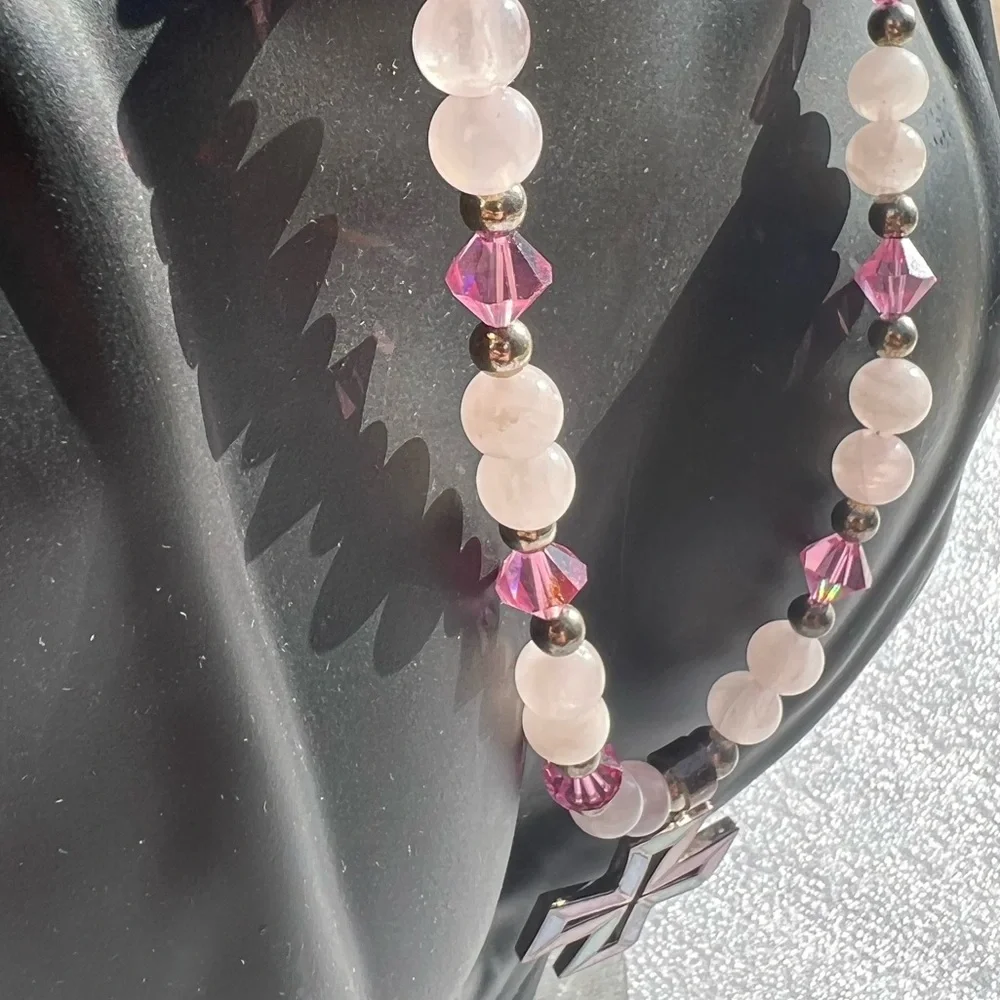 Vintage Handmade Crystal Natural Stone Mother of Pearl Pearlized Cross Necklace